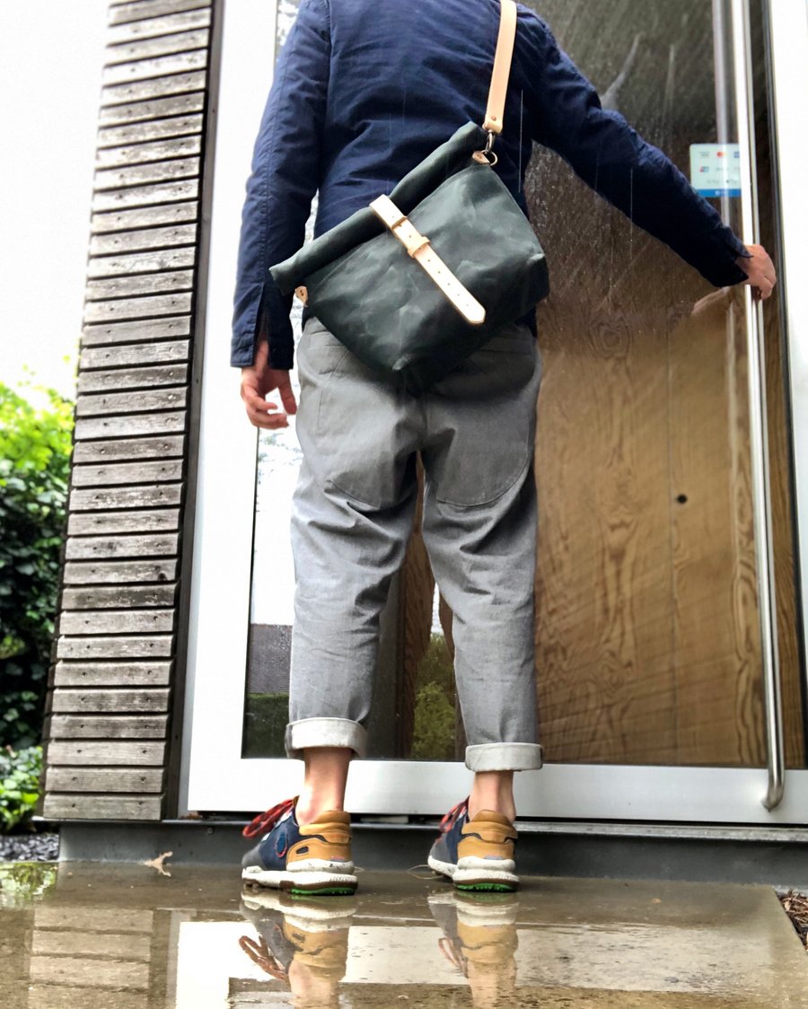 Image of Forest green waxed canvas messenger bag / cross body bag with double waxed canvas padded bottom COLL