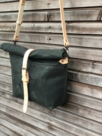 Image 2 of Forest green waxed canvas messenger bag / cross body bag with double waxed canvas padded bottom COLL