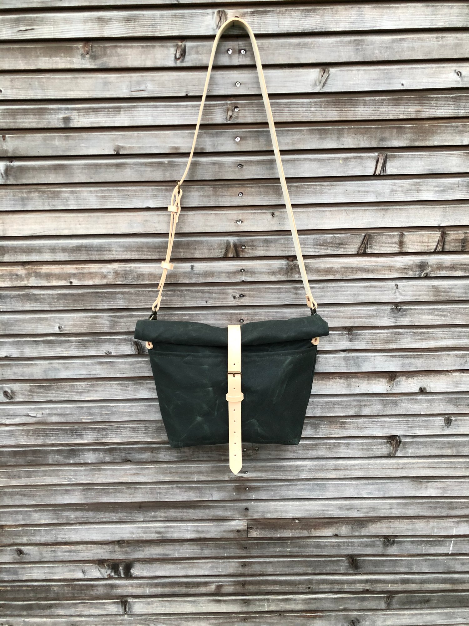 Image of Forest green waxed canvas messenger bag / cross body bag with double waxed canvas padded bottom COLL