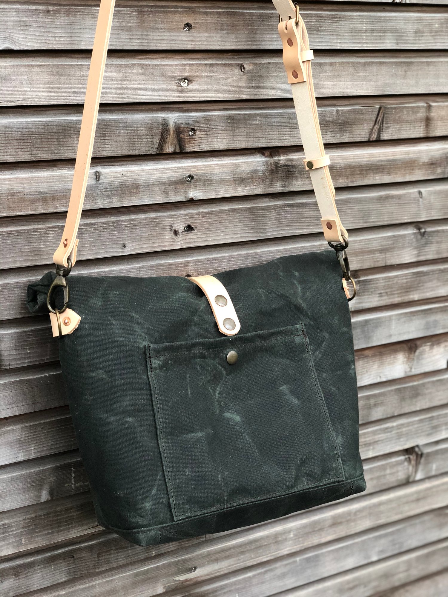 Image of Forest green waxed canvas messenger bag / cross body bag with double waxed canvas padded bottom COLL