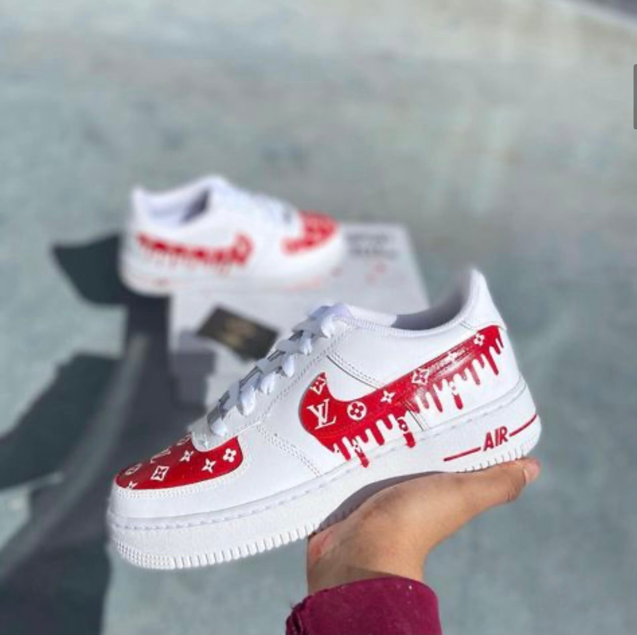Red LV drip custom airforces with free crease protectors | Customsbyzeee