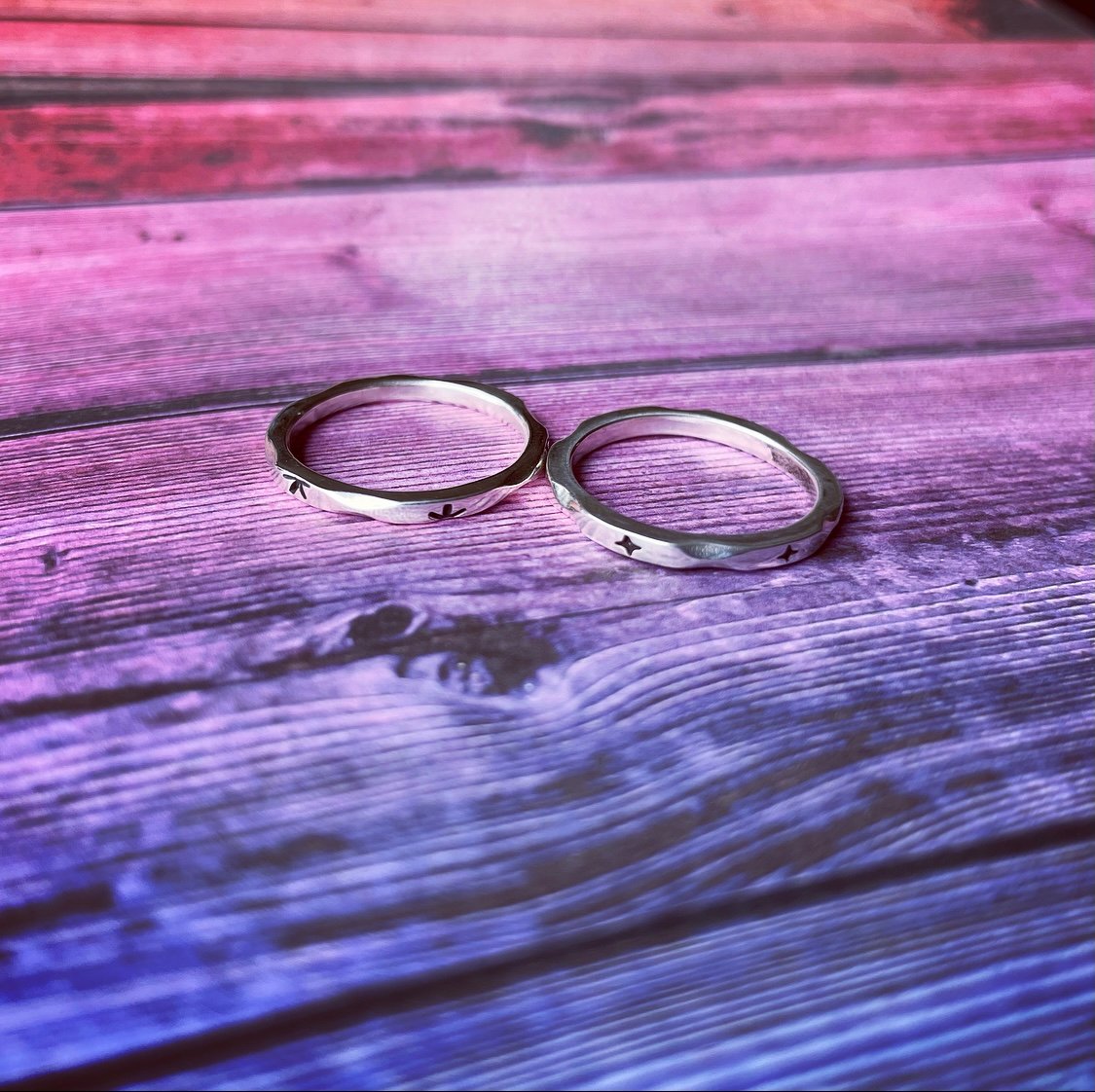Image of Two Stacking rings silver sunburst & retro star design.Celestial 50s vintage faceted Sterling rings.