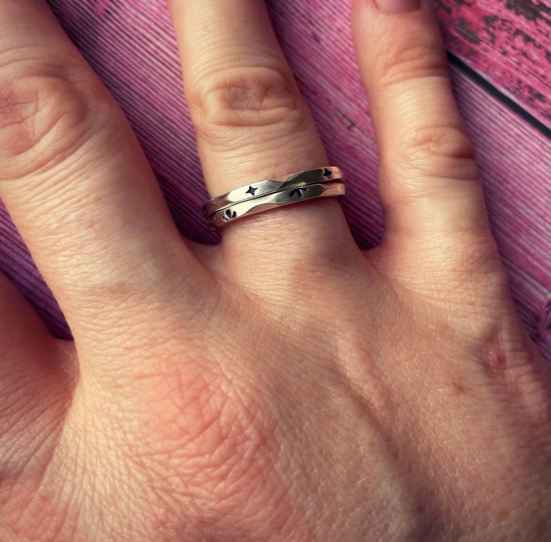 Image of Two Stacking rings silver sunburst & retro star design.Celestial 50s vintage faceted Sterling rings.