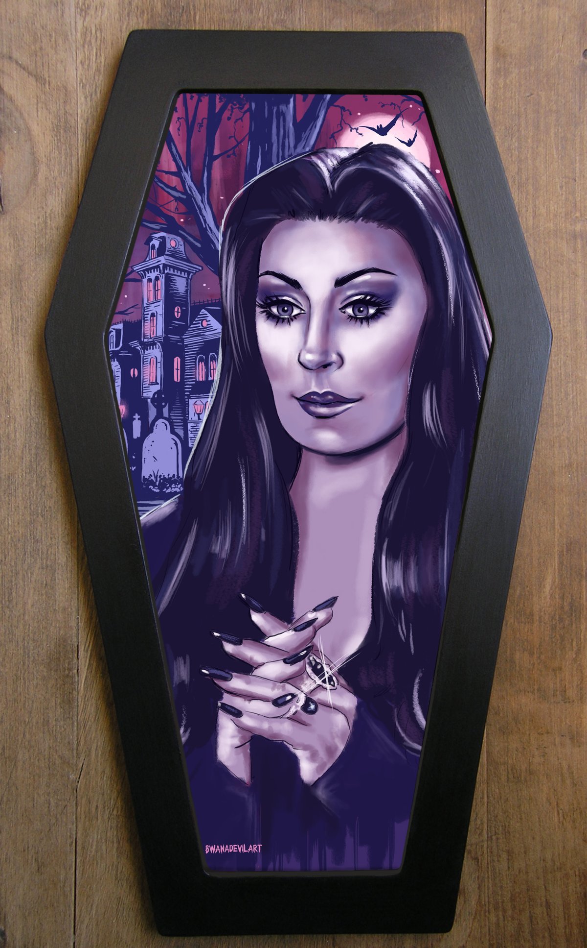 Image of Morticia Addams (Anjelica Huston) Coffin Framed Art