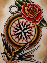 Image 2 of Original Watercolor WIND ROSE with SWALLOW and ROSE