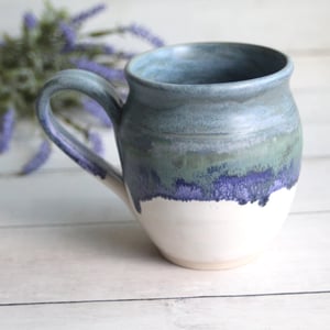 Image of Mug in Blue, Purple and White Matte Glazes, Handcrafted Coffee Cup 14 oz, Made in USA