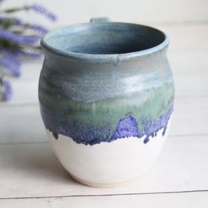 Image of Mug in Blue, Purple and White Matte Glazes, Handcrafted Coffee Cup 14 oz, Made in USA
