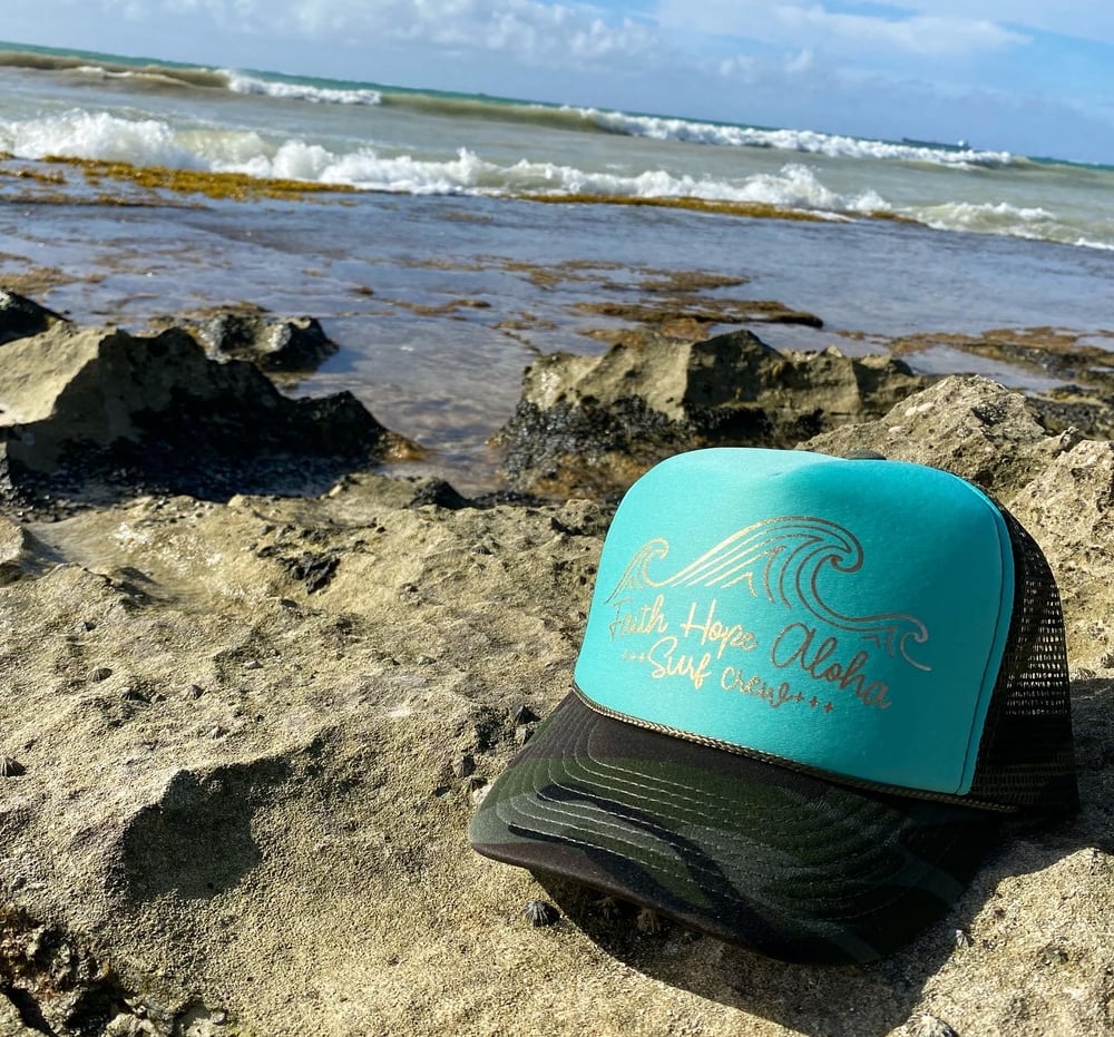 Image of Mint Camo & Metallic Gold Surf Crew Trucker Hat