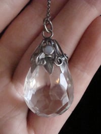 Image 2 of Art Nouveau silver large rock crystal and opal drop with original pearl chain