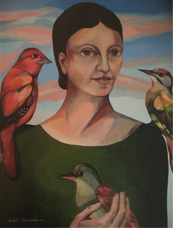 Image of Woman with Three Birds