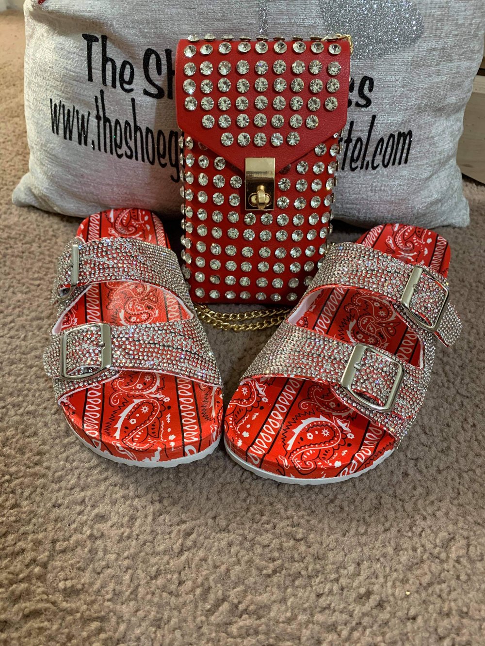 "Bandie" red bandana sparkly slides