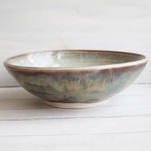 Image of Serving Bowl in Swirling Sage and Brown Glazes, Handcrafted Pottery Centerpiece, Made in USA