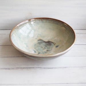 Image of Serving Bowl in Swirling Sage and Brown Glazes, Handcrafted Pottery Centerpiece, Made in USA