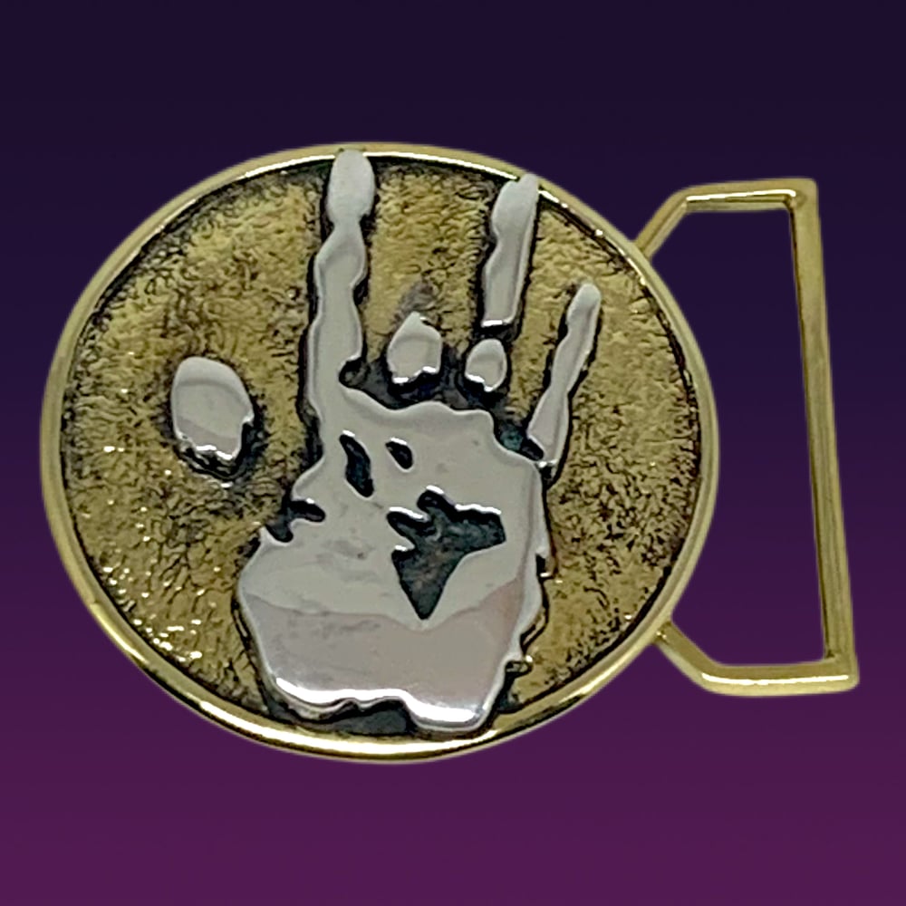 Image of Jerry Hand Print Belt buckle cast in Yellow Brass and Sterling Silver
