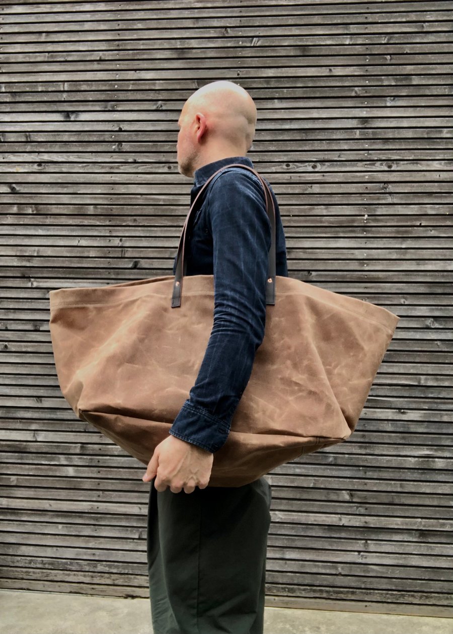 Image of XXL waxed canvas tote bag with leather handles / canvas market bag / carry all bag COLLECTION UNISEX