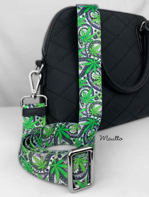 Image of Cannabis/Hemp Leaf Strap for Bags - 1.5" Wide Nylon - Adjustable Length - Tear Drop Shape #14 Hooks