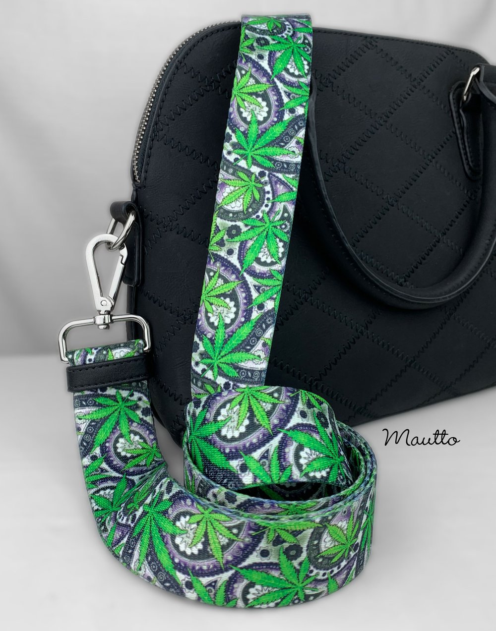 Image of Cannabis/Hemp Leaf Strap for Bags - 1.5" Wide Nylon - Adjustable Length - Tear Drop Shape #14 Hooks