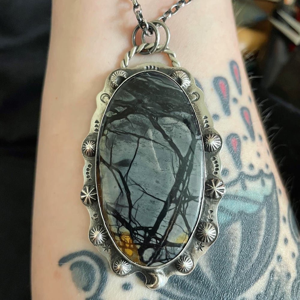 Handmade Picasso Jasper Sterling Silver Pendant. Silver star moon oxidised stamped healing necklace