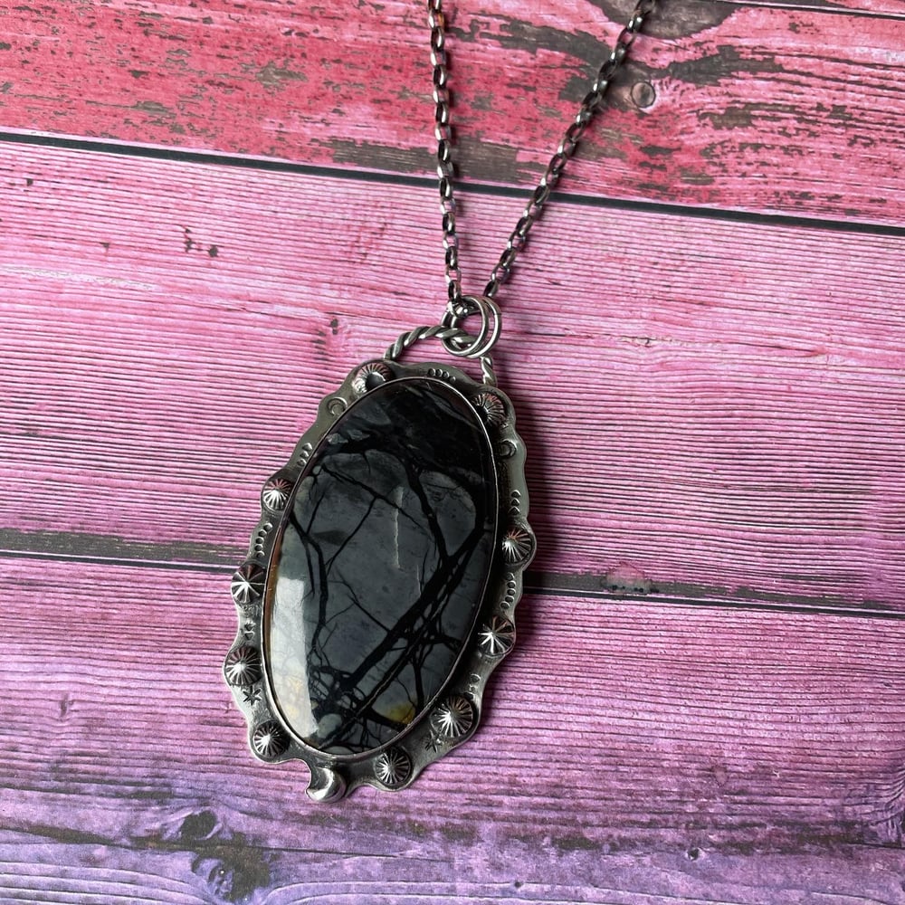 Handmade Picasso Jasper Sterling Silver Pendant. Silver star moon oxidised stamped healing necklace