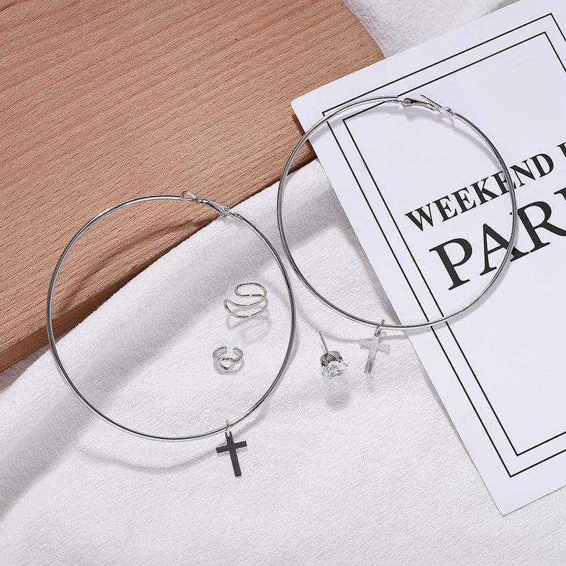 Image of Big Hoop Earrings With Cross Set