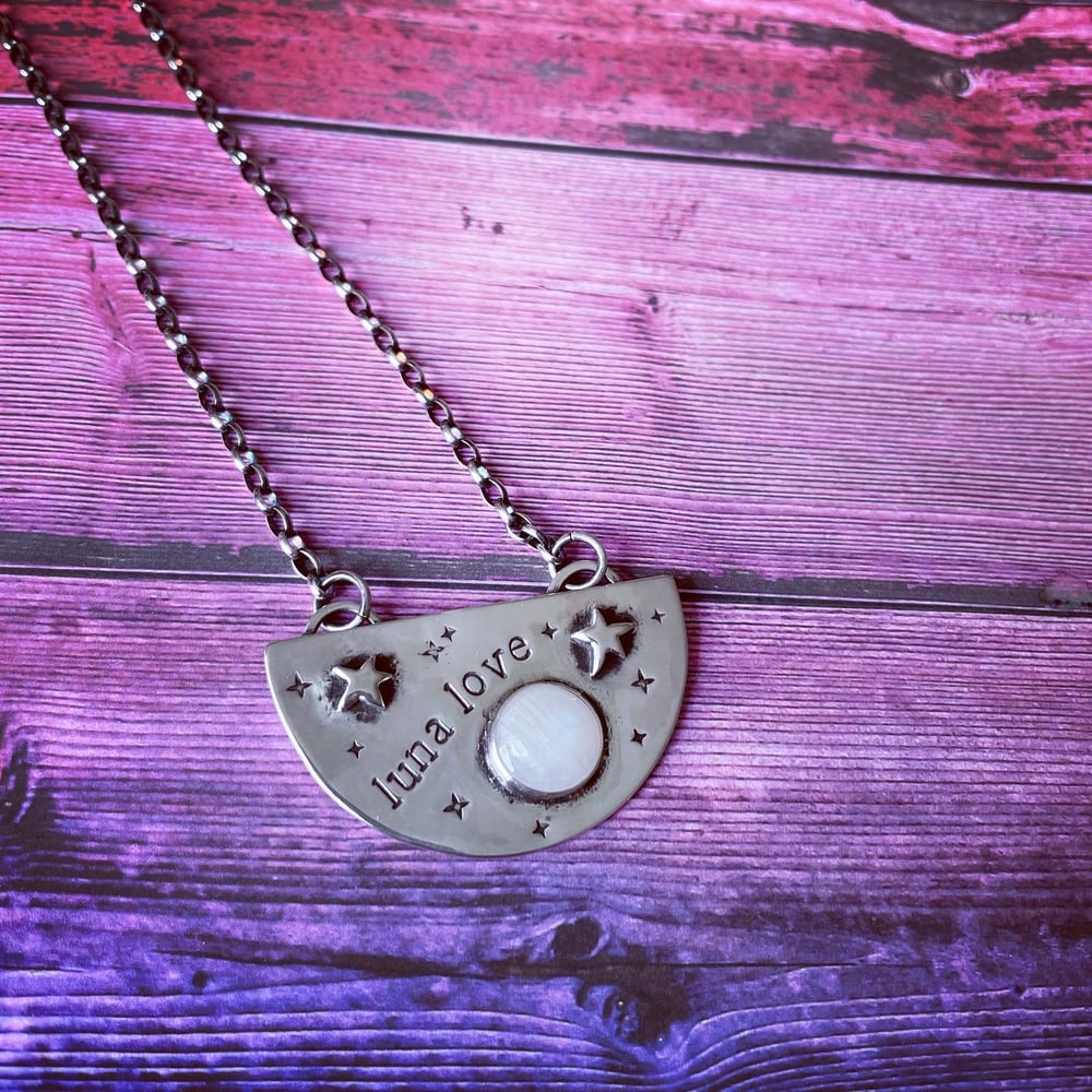 Image of Luna love silver moonstone pendant. Handmade stamped cosmic star and moon oxidised necklace