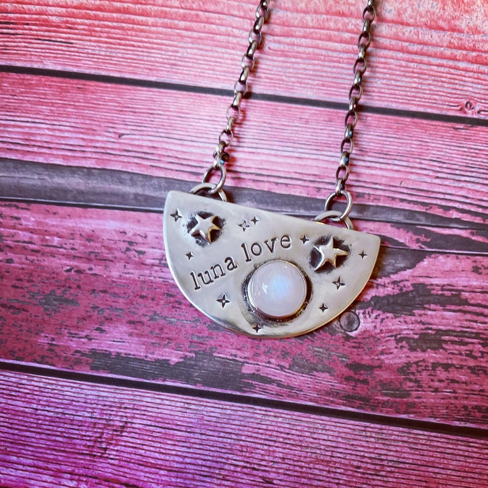 Luna love silver moonstone pendant. Handmade stamped cosmic star and moon oxidised necklace