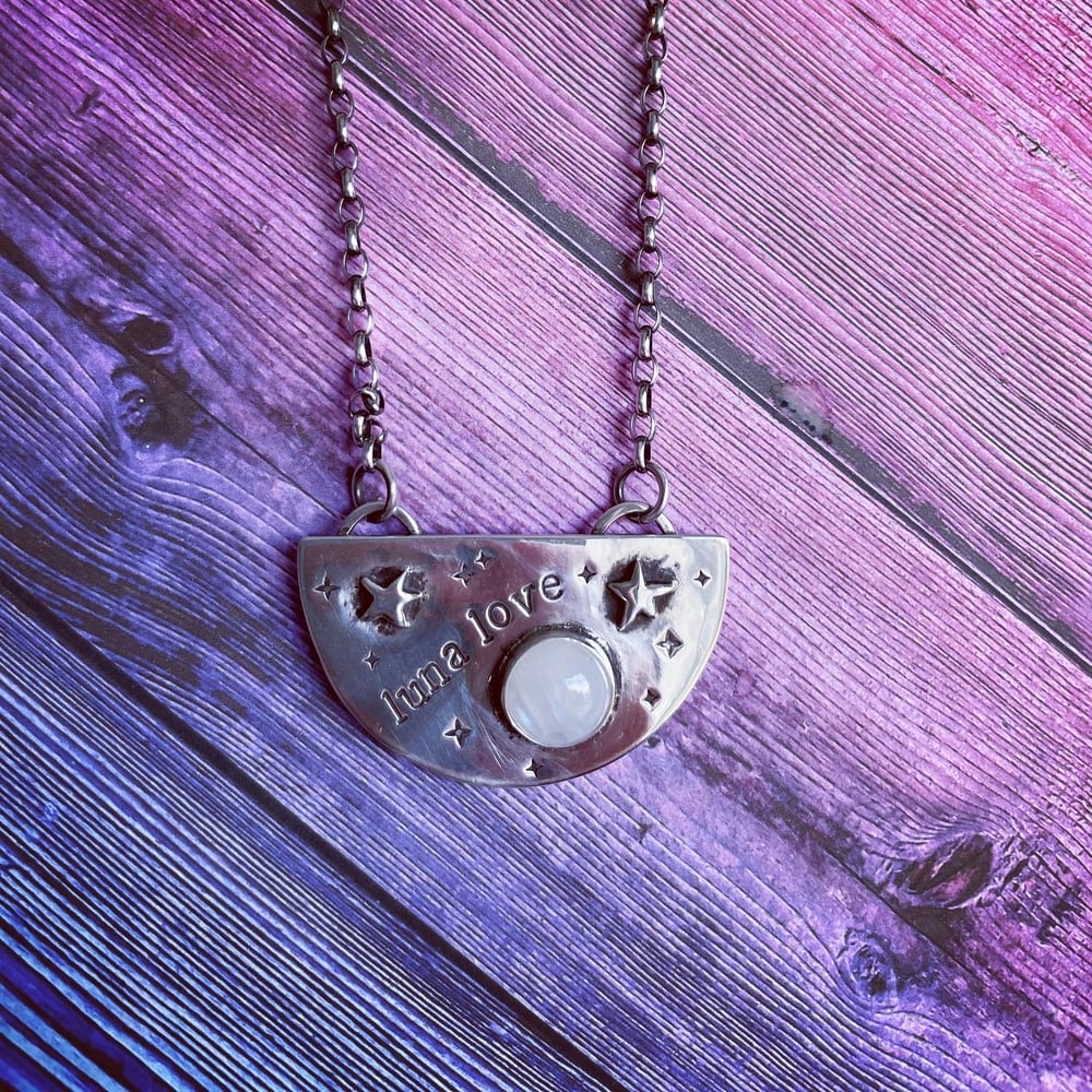 Luna love silver moonstone pendant. Handmade stamped cosmic star and moon oxidised necklace