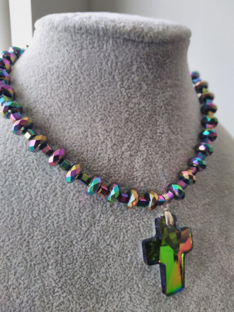 Image of CRYSTAL TITANIUM CROSS AND HEMATITE MULTI COLOR BEADS