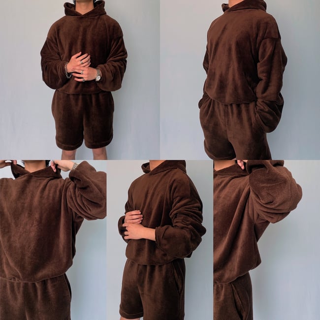 Fluffed Hoodie/Shorts Set - Brown