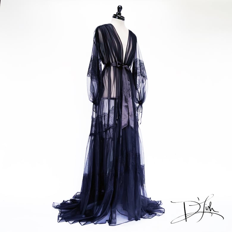 Image of "Elisabeth" Sheer Dressing Gown w/ Lace, Black