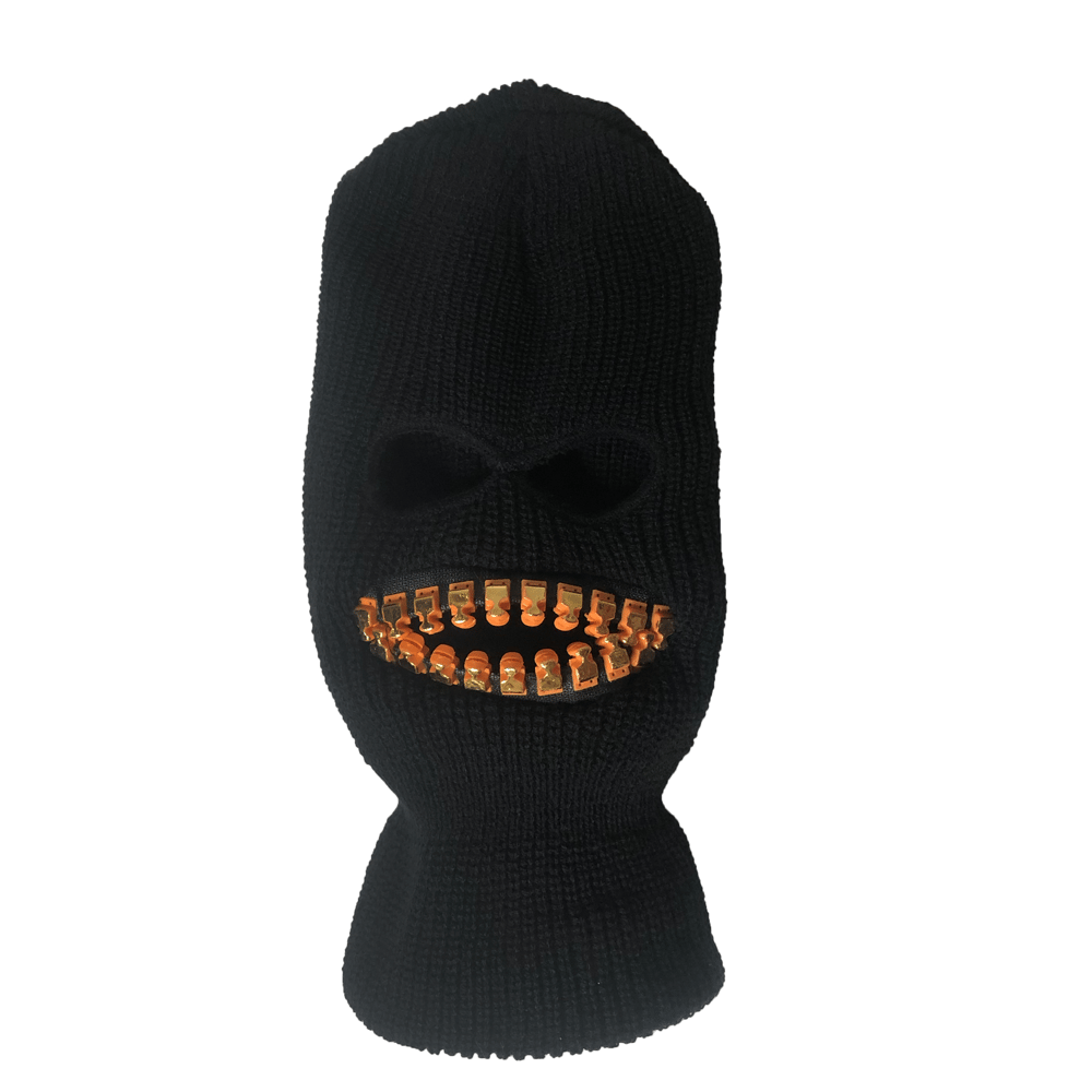 Image of ZEF2DEATH black ski mask with gold teeth zipper mouth zefstyle grill teeth mask