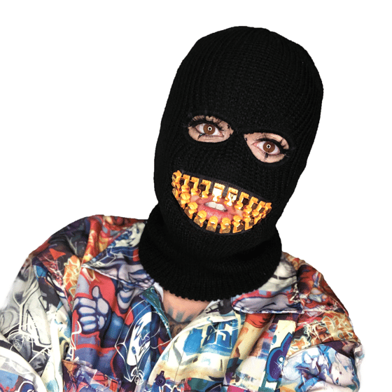 Image of ZEF2DEATH black ski mask with gold teeth zipper mouth zefstyle grill teeth mask