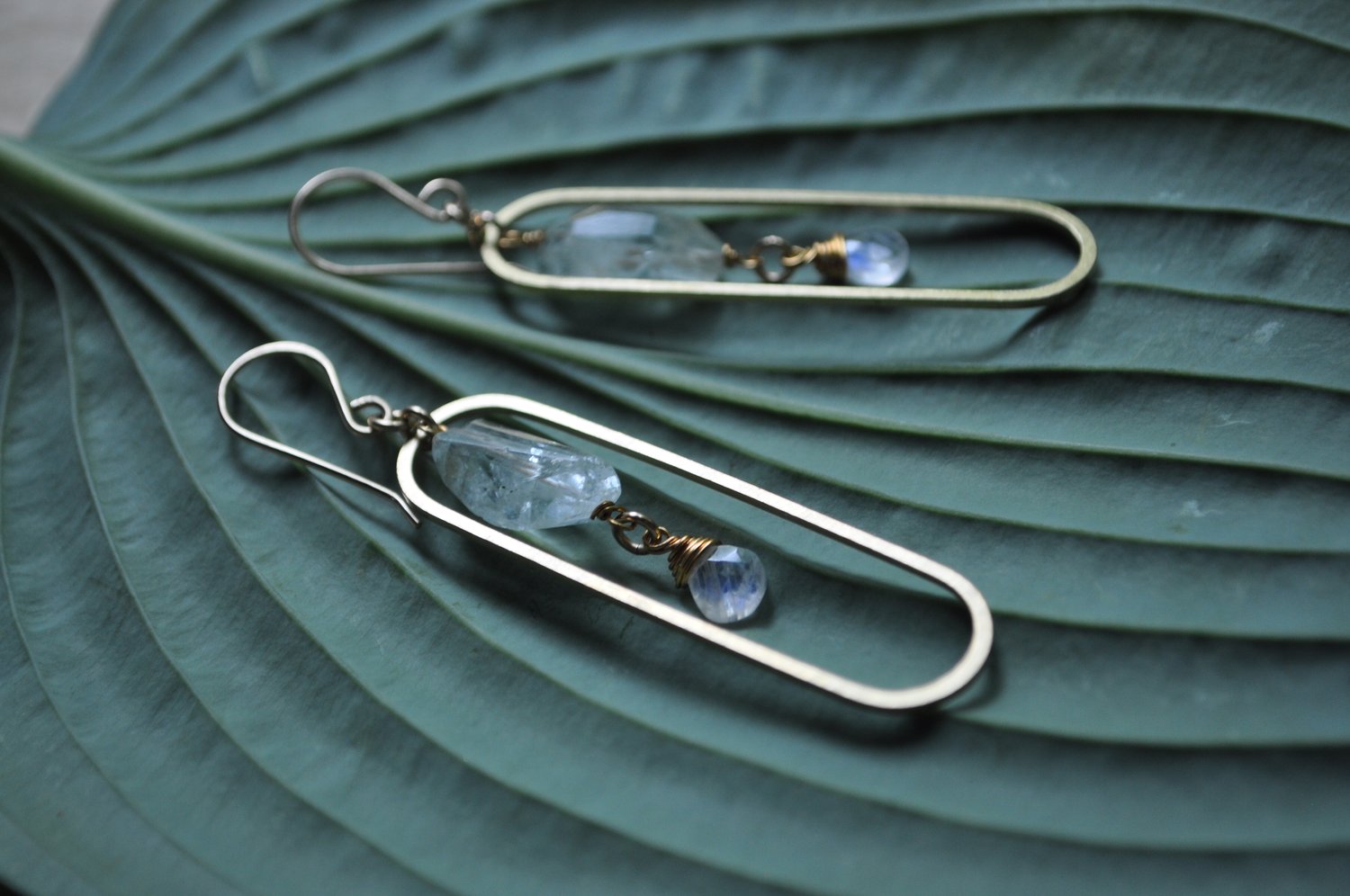 Image of Aquamarine & Rainbow Moonstone Oval Dangles