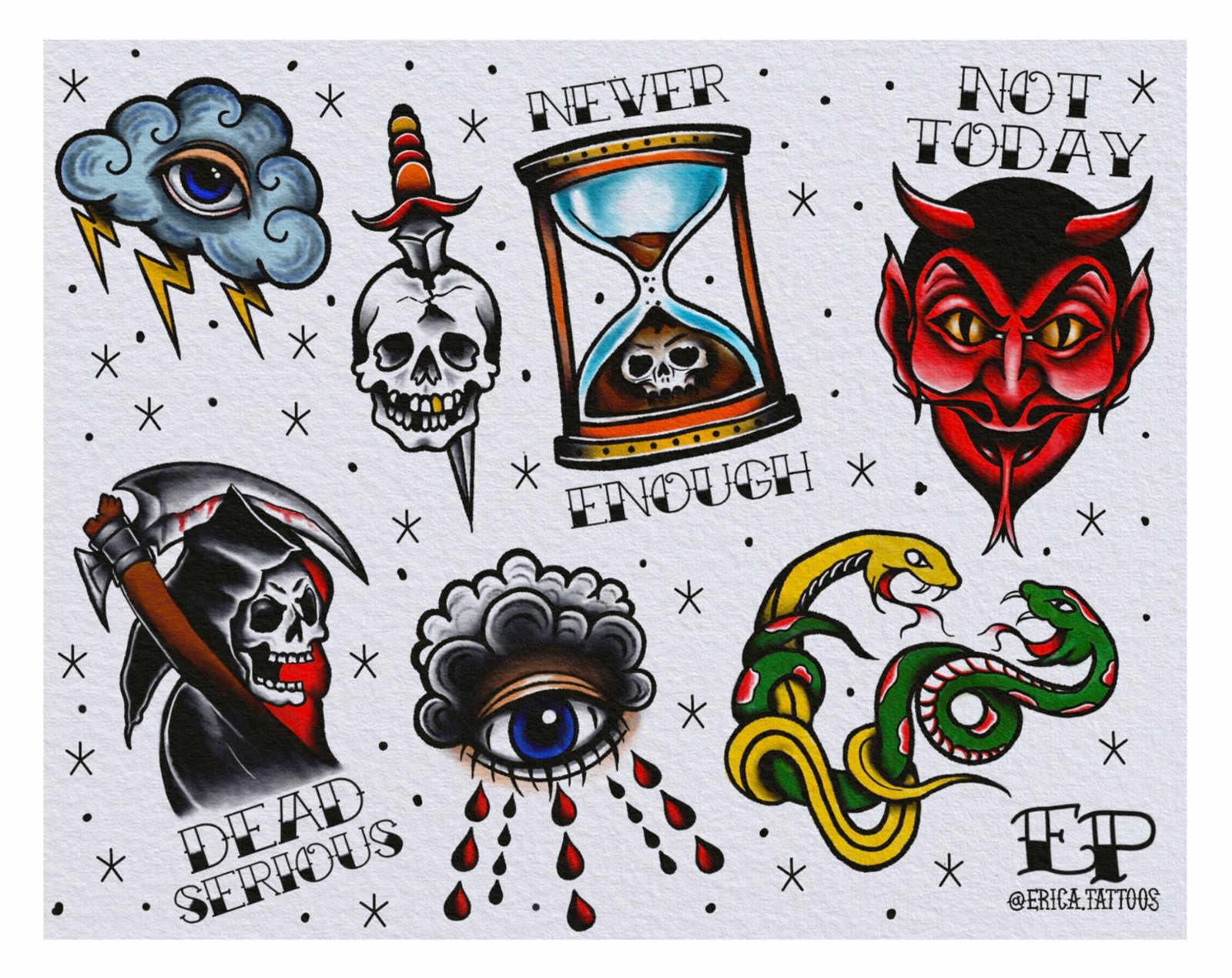 American Traditional Tattoo Flash Sheet Print  Erica Tattoos