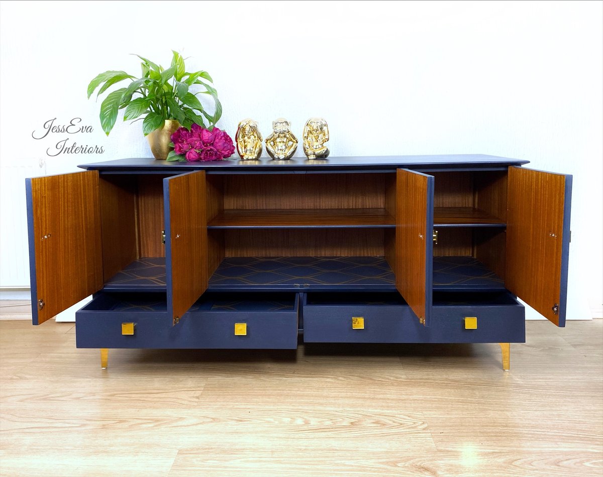 Navy Blue and Gold, Vintage, Mid Century Modern, Retro SIDEBOARD / TV UNIT / CABINET