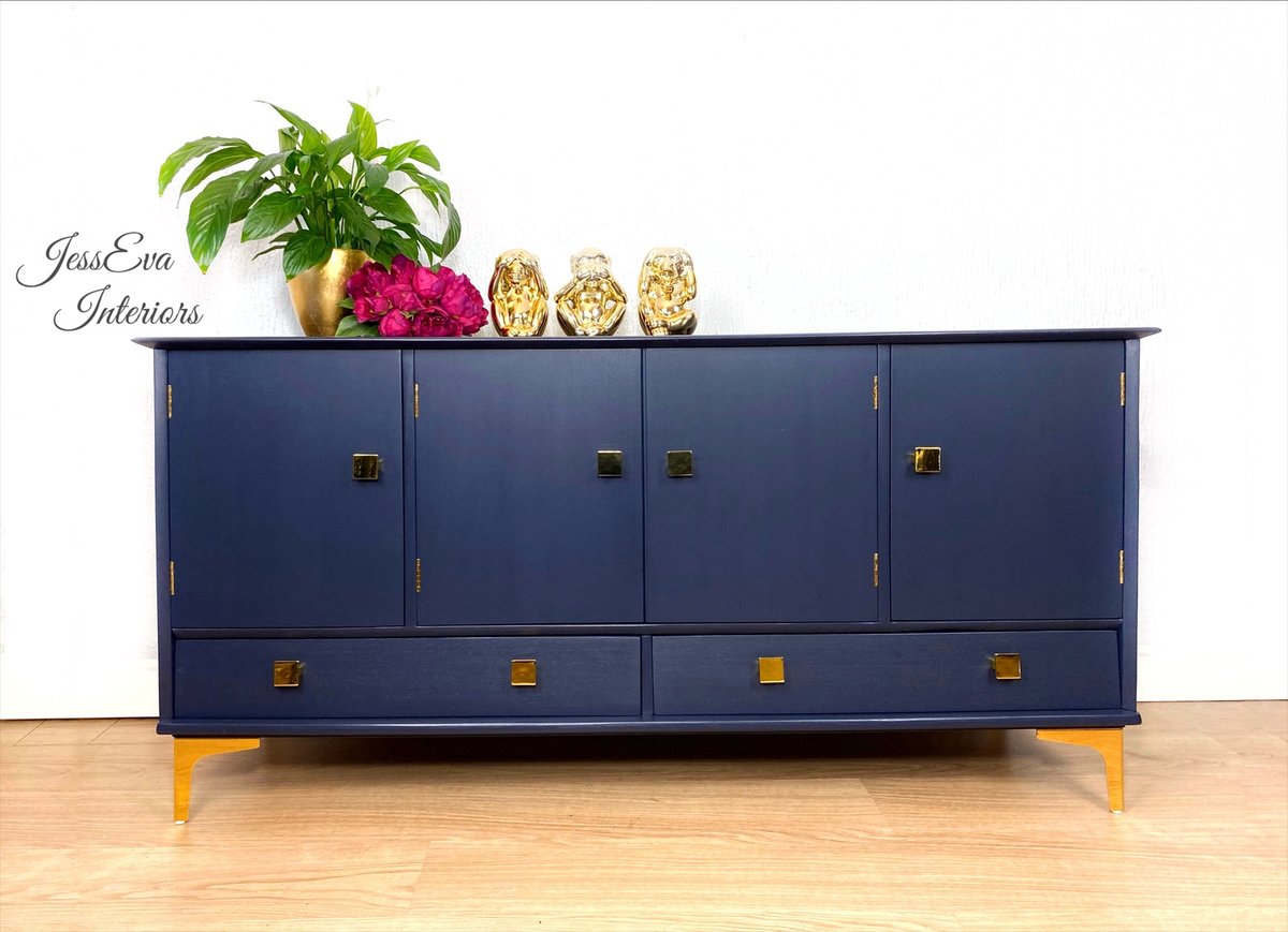 Navy Blue and Gold, Vintage, Mid Century Modern, Retro SIDEBOARD / TV UNIT / CABINET