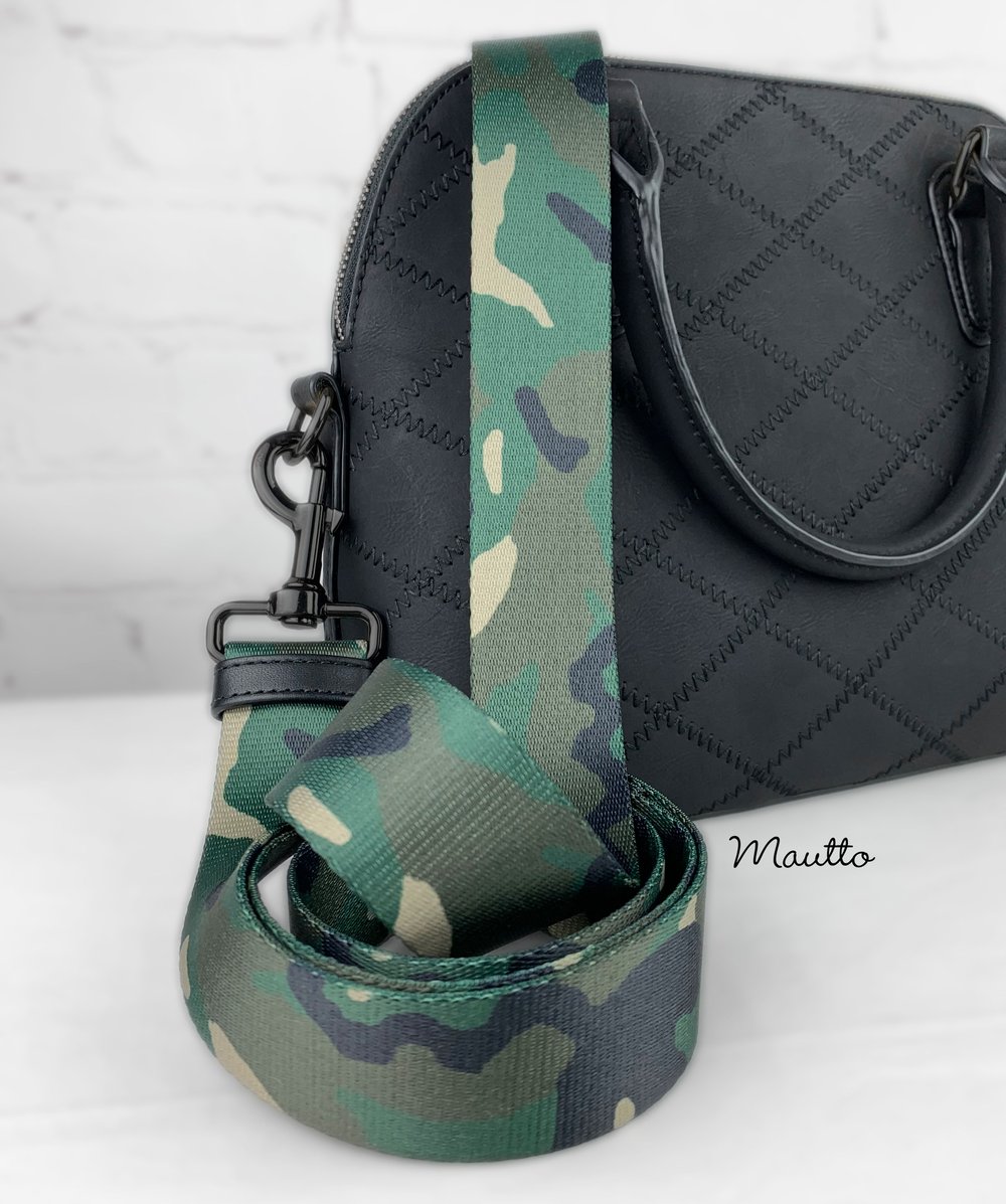 Image of Green Camouflage (Camo) Bag Strap - 1.5" Wide Nylon - Adjustable Length - Dog Leash Style #19 Hooks