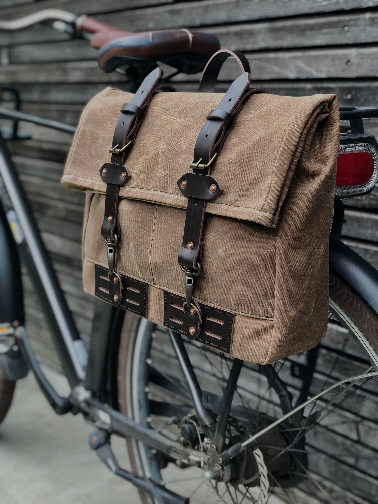 Image of Waxed canvas saddlebag for Super73 convertible into messenger bag Bicycle bag in waxed canvas Bike a