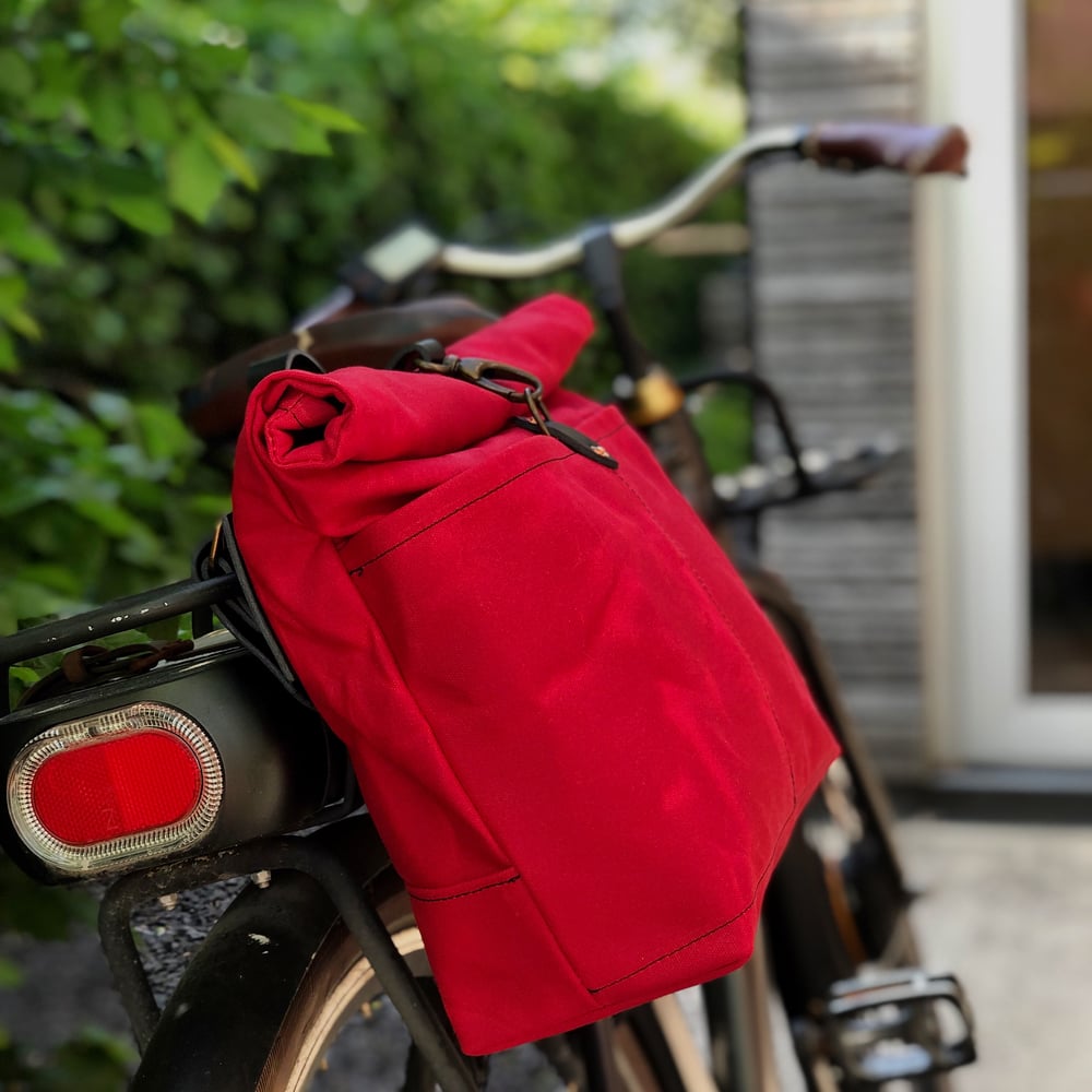 Image of Red Waxed canvas saddlebag for Super73 Motorbike bag Motorcycle bag Bicycle bag in waxed canvas 