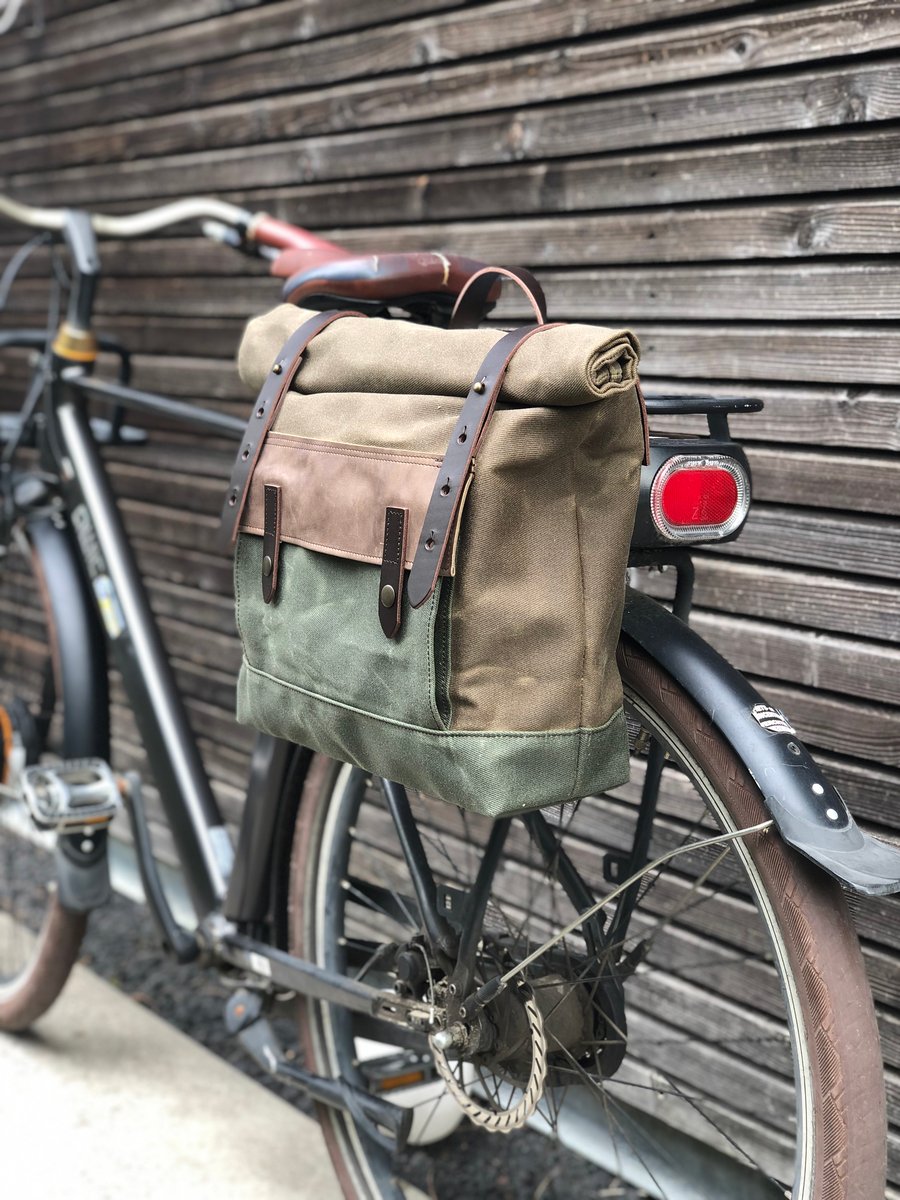 Image of Motorcycle bag in waxed canvas Motorbike bag Saddle bag Bicycle bag in waxed canvas and leather Bike