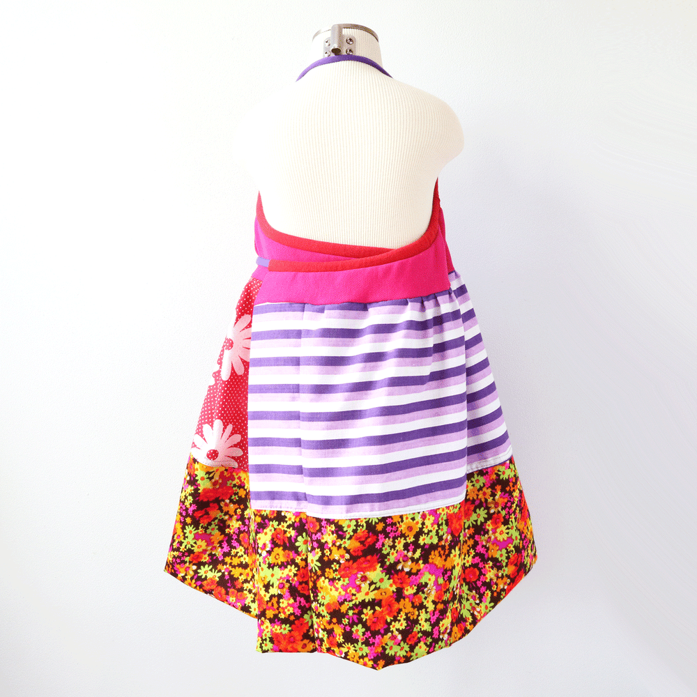Image of deep purple superfloral stripe 4/6 halter apron wrap dress sundress courtneycourtney vintage fabric 
