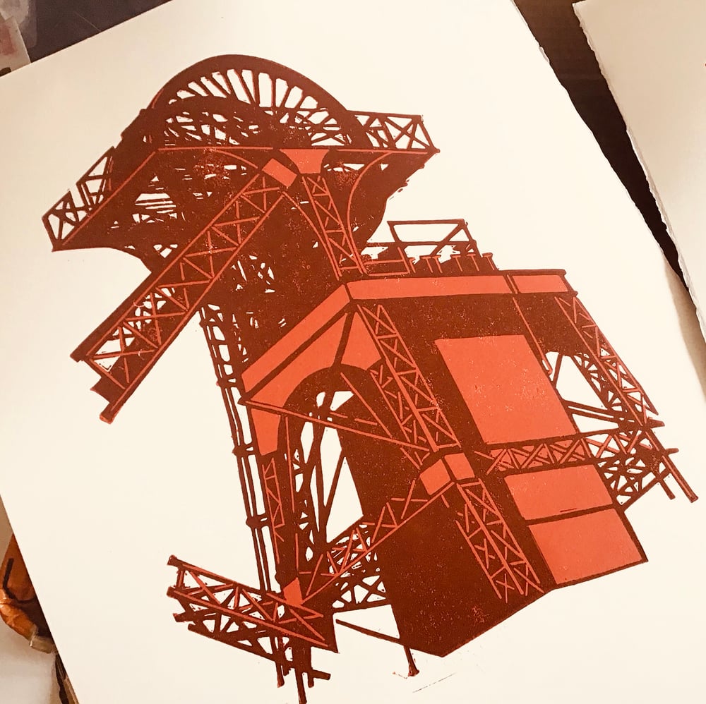Lewis Merthyr Winding Gear linocut print
