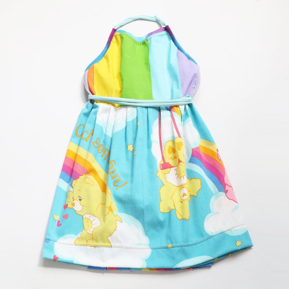 Image of rainbow bear care bears 4/6 halter apron wrap dress sundress courtneycourtney vintage fabric