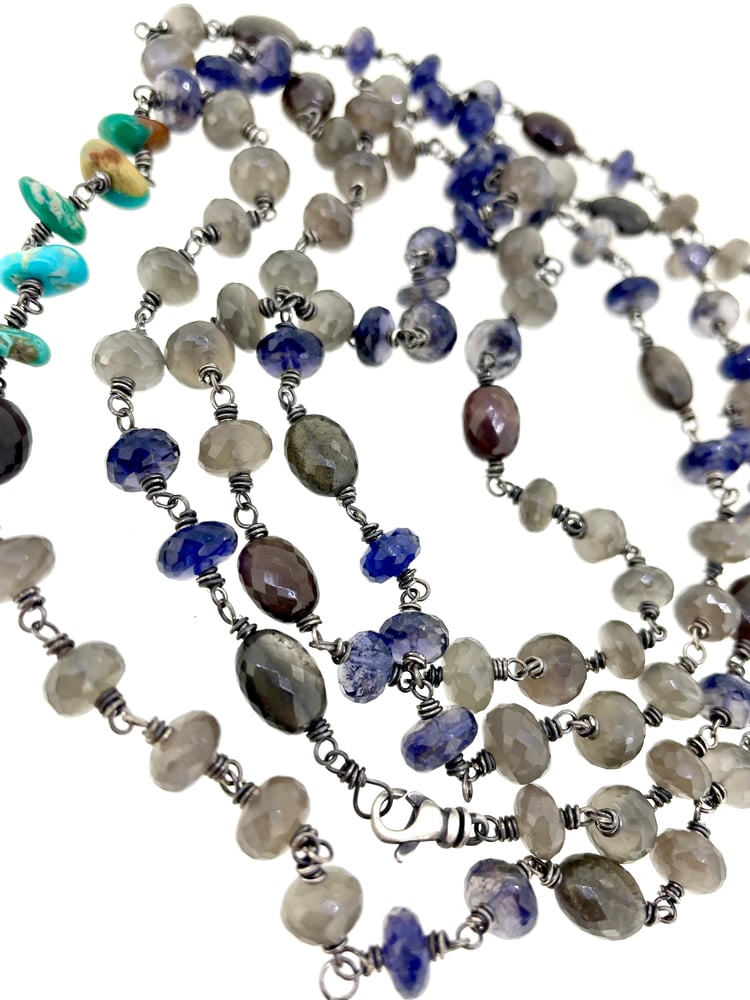Image of Iolite, scapolite, and grey moonstone mala by peaces of indigo