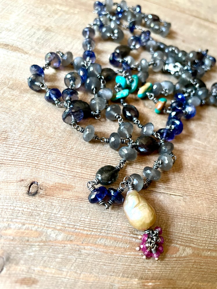 Image of Iolite, scapolite, and grey moonstone mala by peaces of indigo