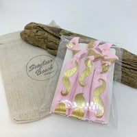 GOLD MUSTACHE ON PINK - FOIL PRINTED ELASTIC HAIR TIES 5/8"