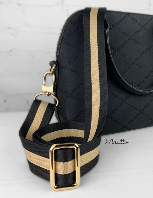 Image of Black & Tan Strap for Bags - 1.5" Wide Nylon - Adjustable Length - U Shape Style #16XLG Hooks