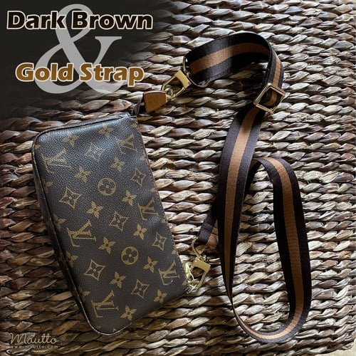 Image of Dark Brown & Gold Strap for Bags - 1.5" Wide Nylon - Adjustable Length - U Shape Style #16XLG Hooks