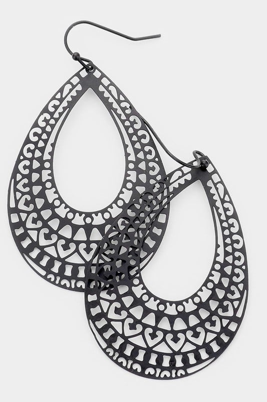 Image of  Black Teardrop Brass Metal Filigree Earrings
