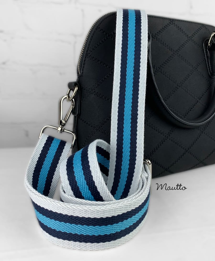 Image of Navy-White-Blue Strap for Bags - 1.5" Wide Cotton - Adjustable Length - Tear Drop Shape #14 Hooks